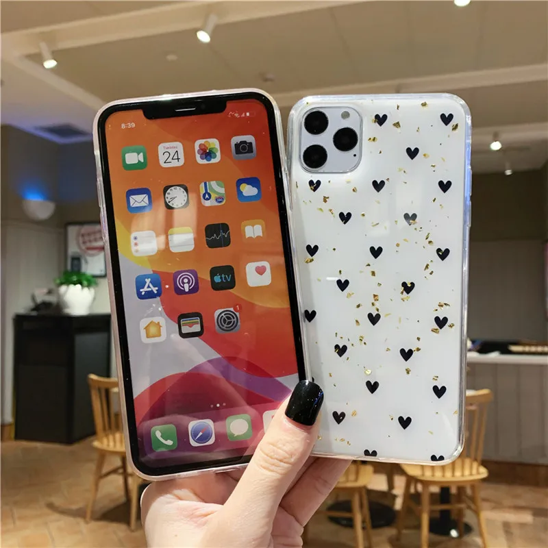 Блестящие Чехлы KJOEW из золотой фольги с любовным сердцем для iPhone 11 Pro Max X XR Xs мягкий