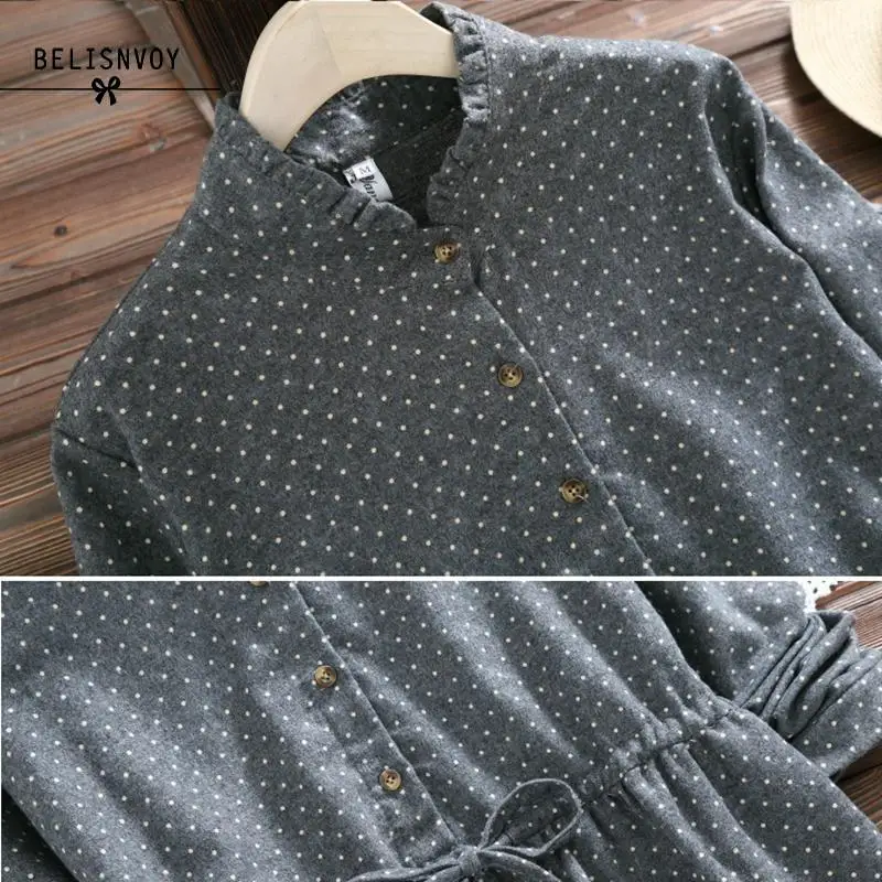 Mori Girl Spring Autumn Women Dresses Stand Collar Elbise Long Sleeve Vintage Dress Polka Dot Printed Femininos Vestidos