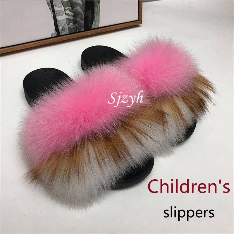 

New Kids Summer Fox Fur Slippers Fashion Rainbow Plush Sandals Children's Luxury Fluffy Fur Slides Furry Shoes Girl's Flip Flops