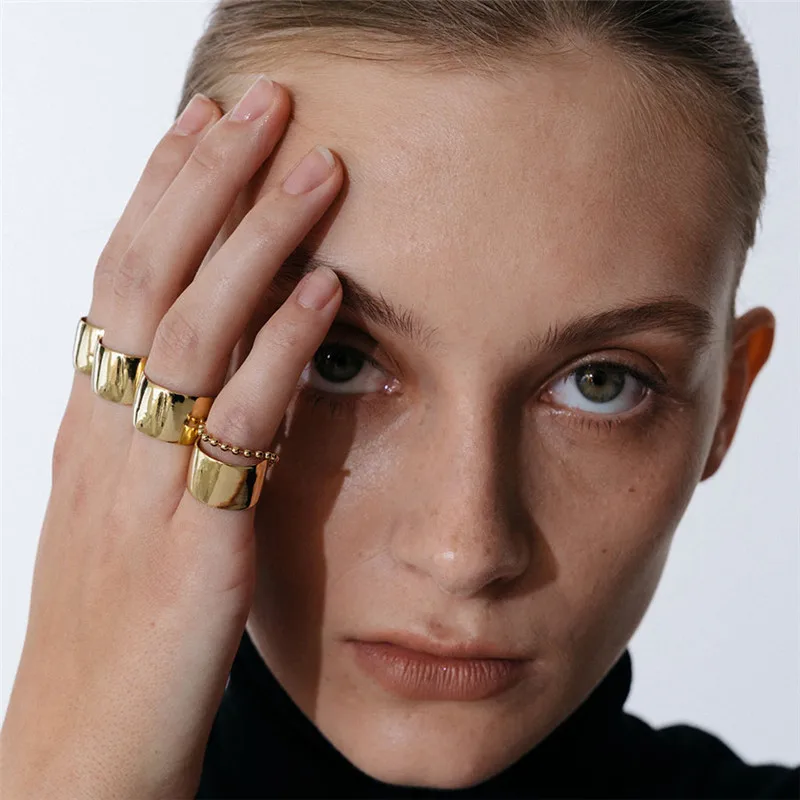 Трендовые золотые металлические гладкие кольца для женщин бусы цепочка широкое