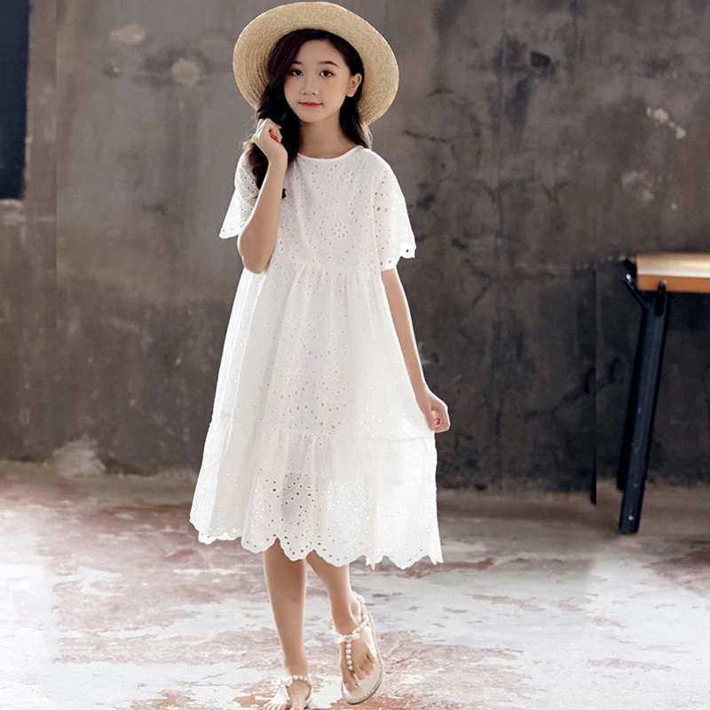 Купи 2022 Summer mesh hollow Dresses White kid baby white Girls Mid Long lace Patchwork Teenager 5 7 6 8 10 12 14 9 11 13 15 17 Years за 1,003 рублей в магазине AliExpress