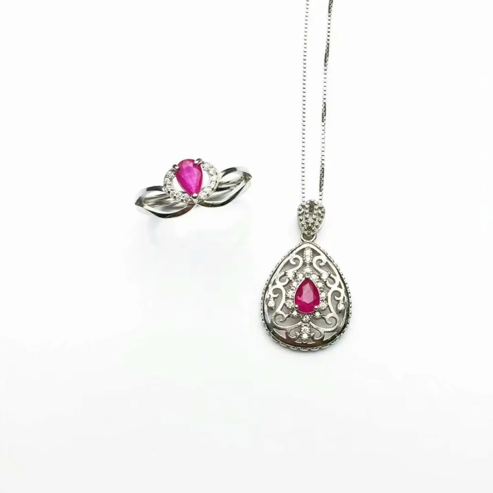 

SHILOVEM 925 NATURAL NATURAL RUBY PENDANTS RINGS OPEN GIFT FINE JEWELRY TRENDY WOMEN PARTY PLANT NEW 4*6MM CTZ040606AGH