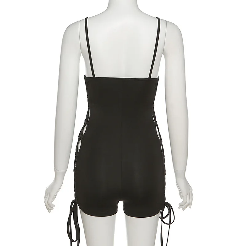 

ANJAMANOR Sexy Solid Rompers Playsuits Club Outfits for Womens Summer Clothing Hollow Out Lace Up Bodycon Jumpsuit D87-CF18