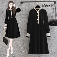 ehqaxin womens dress spring new french retro lace stitching v neck fashiona button loose black dresses female l 4xl
