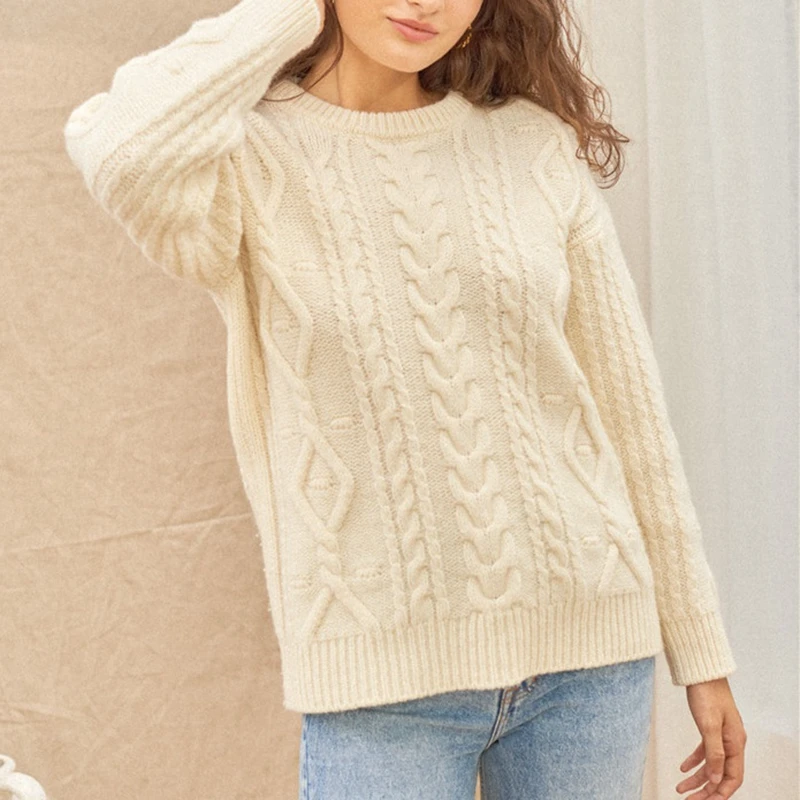 

2020 Autumn and Winter Round Neck Long Sleeve Pullover Twist Knit Sweater Women Fashion All-match Outer Wear