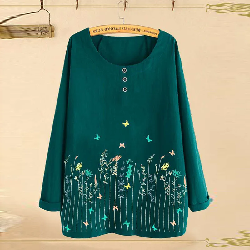 

Elegant O-Neck Button Cotton Linen Blouse Women New Harajuku Long Sleeves Shirt Tops 2020 Autumn Plus Size Loose Pullover Blusas