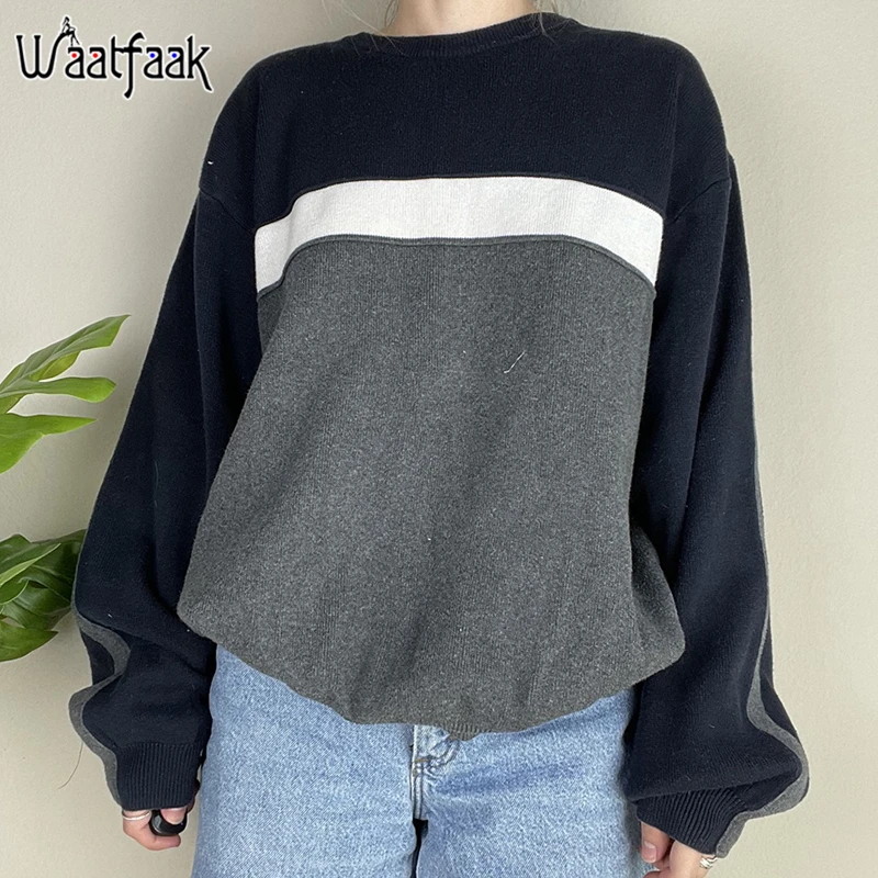 

Повседневный хлопковый свитшот Waatfaak в стиле пэчворк, с длинным рукавом, свободного кроя, в стиле 90-х, милый осенний топ с круглым вырезом