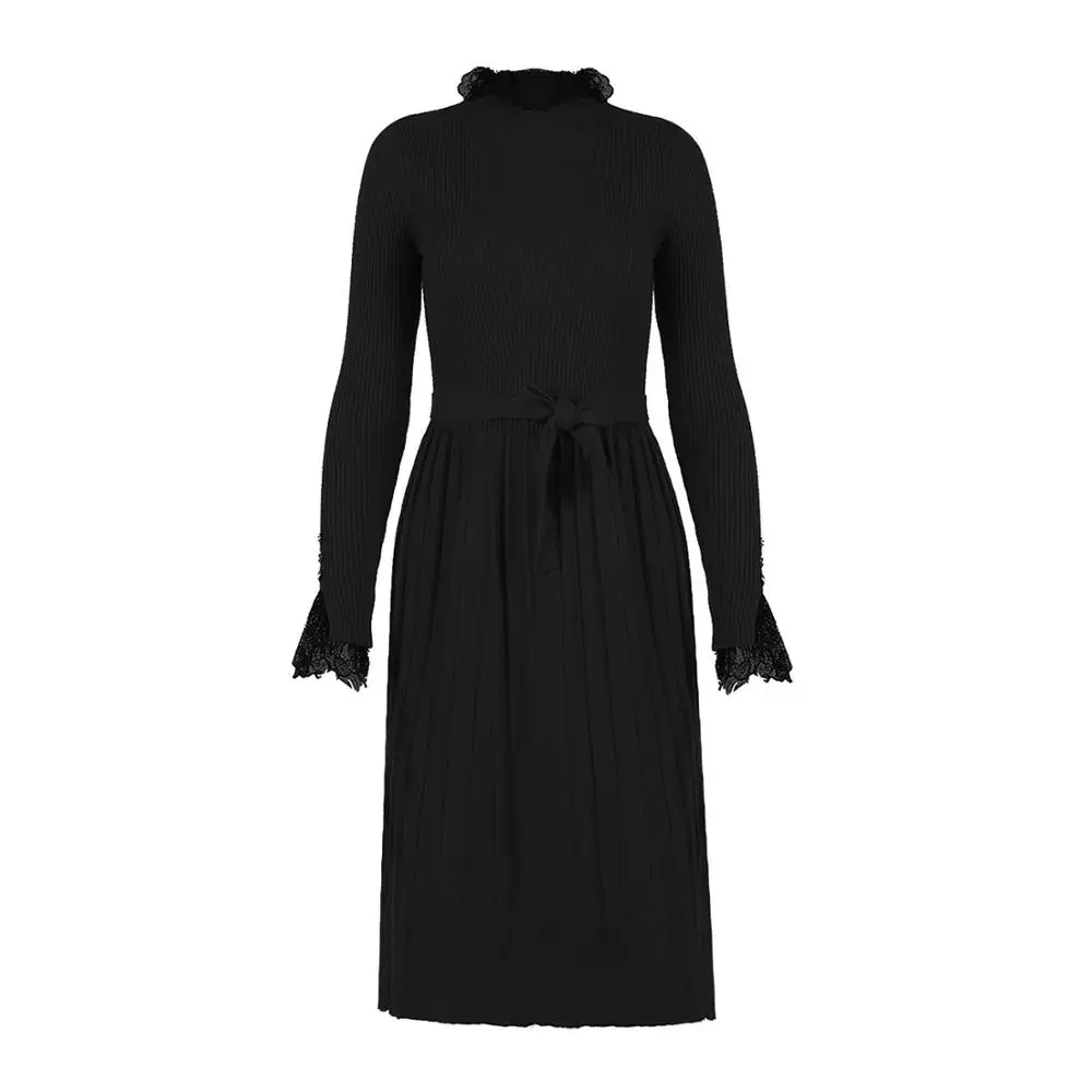 Повседневное кружевное вязаное платье с полувысоким воротником и бантом