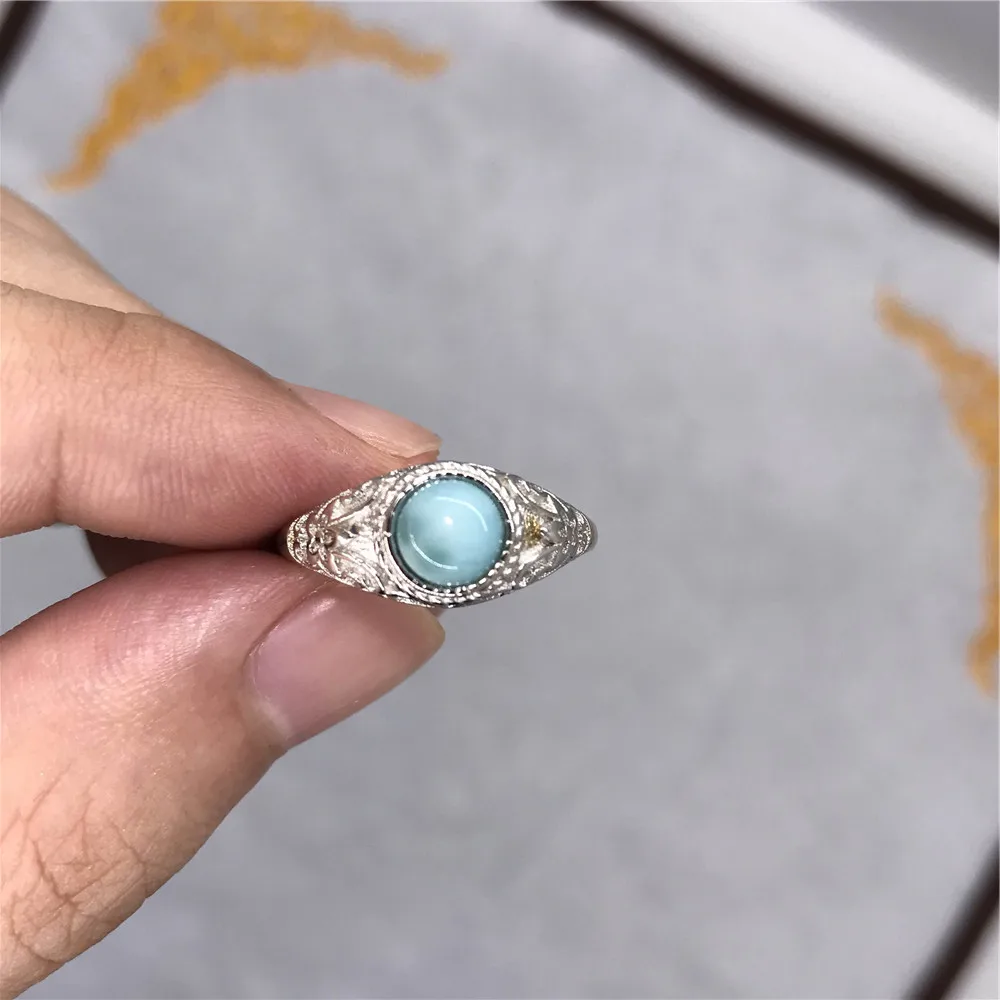 Регулируемое кольцо подлинное натуральный синий камень Ларимар серебро 925 пробы