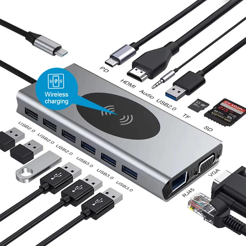 Basix USB Type C концентратор HDMI совместимый RJ45 беспроводной зарядки SD TFCard сплиттер для