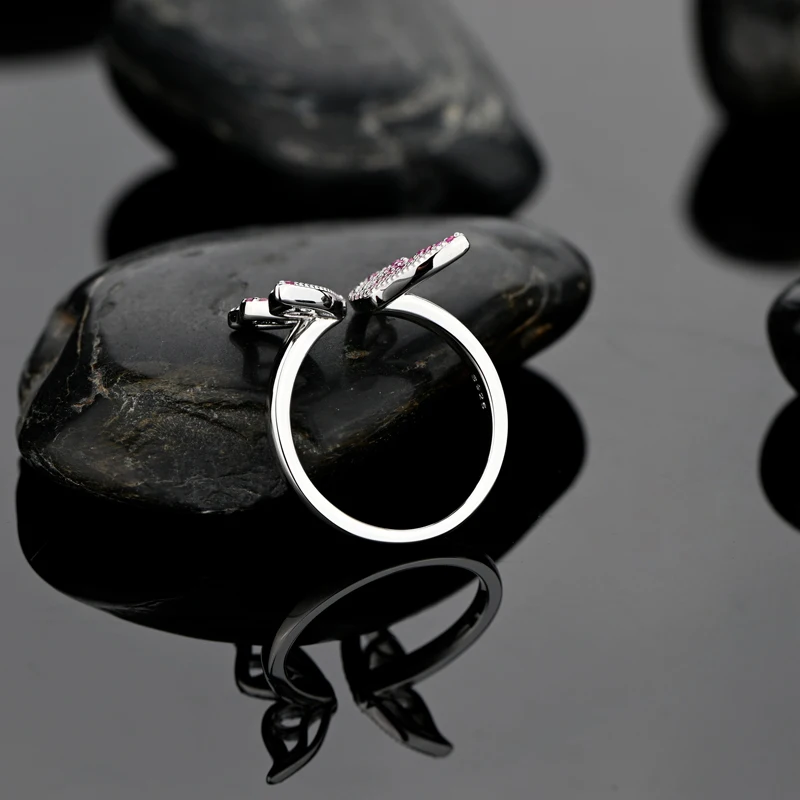 

OEVAS 100% 925 Sterling Silver Pink High Carbon Diamond Resizable Butterfly Rings For Women Sparkling Wedding Party Fine Jewelry