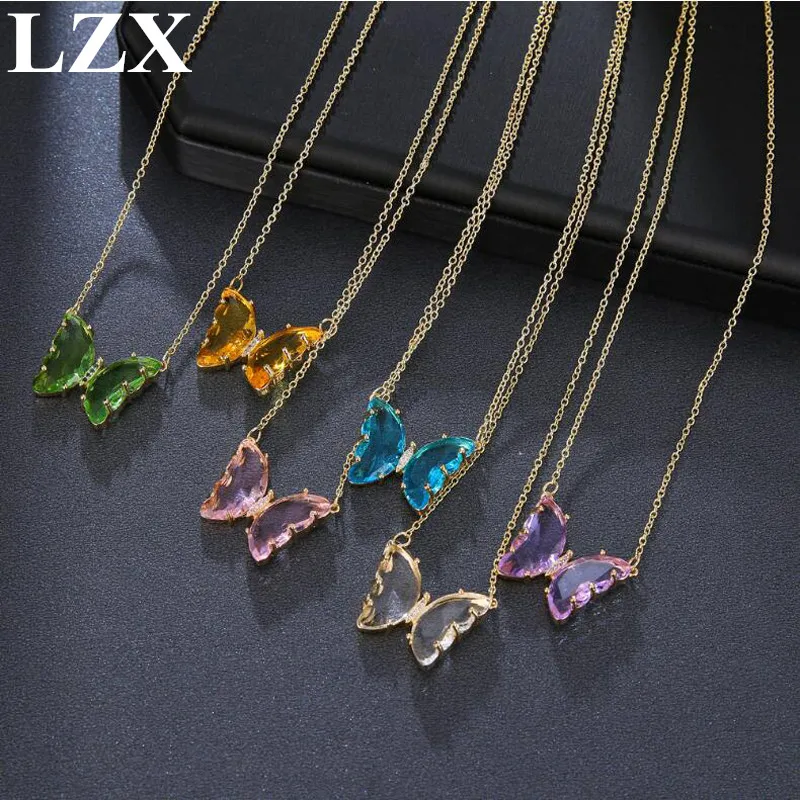 Ожерелье с бабочкой LZX ожерелья золотого цвета кристаллами циркония для женщин