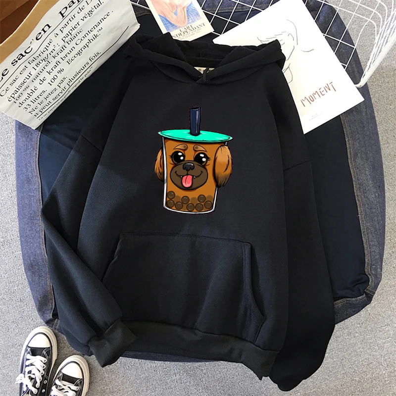 

Milk tea cute dog hoodies Autumn Winter Fleece Letter Harajuku Print Pullover Thick Loose Women Hoodies Sweatshirt Casual Coat