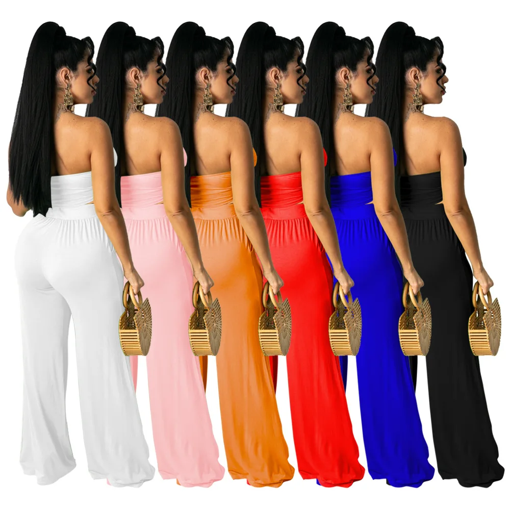 

Sexy Bra Strapless 2 Pieces Sets with Adjustable Strap Summer off Shoulder Tube Crop Top + Wide Leg Long Pants Summer Outfits