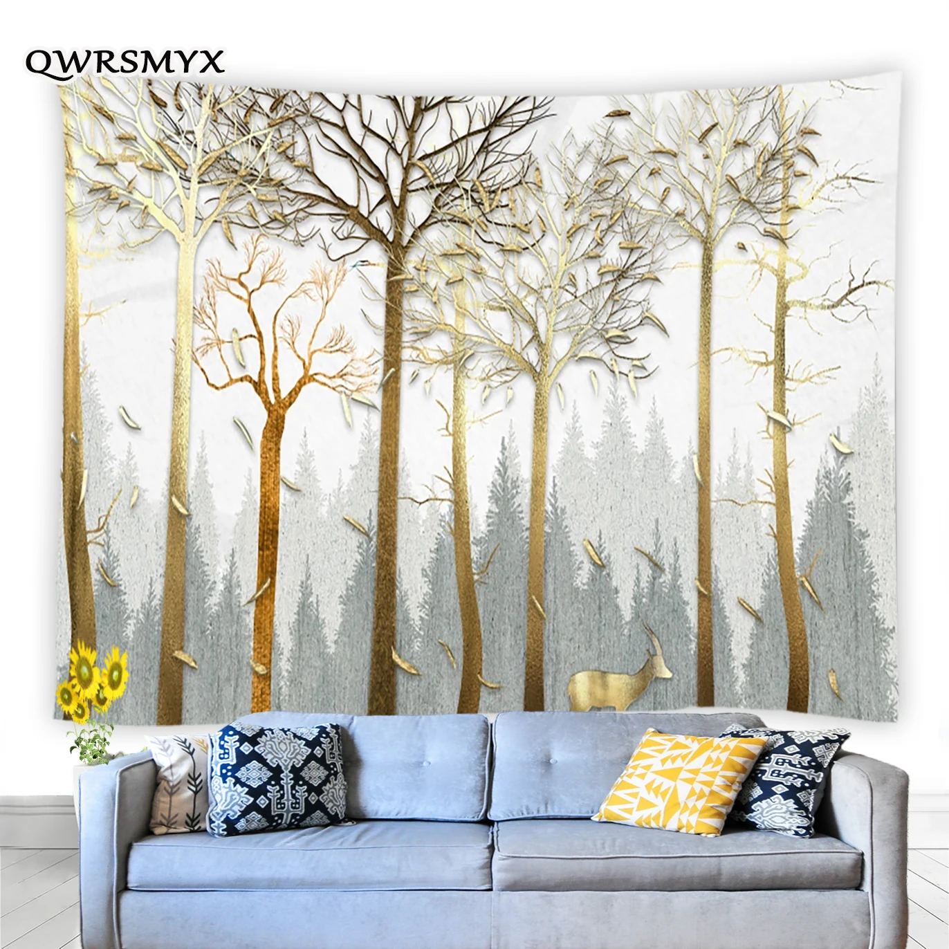 Tapiz de bosque de ciervos en invierno, Impresi&oacute;n de paisaje Animal, colgante de pared, sala de estar, dormitorio, decoraci&oacute;n de pared, tapices, arte est&eacute;tico para el hogar-0