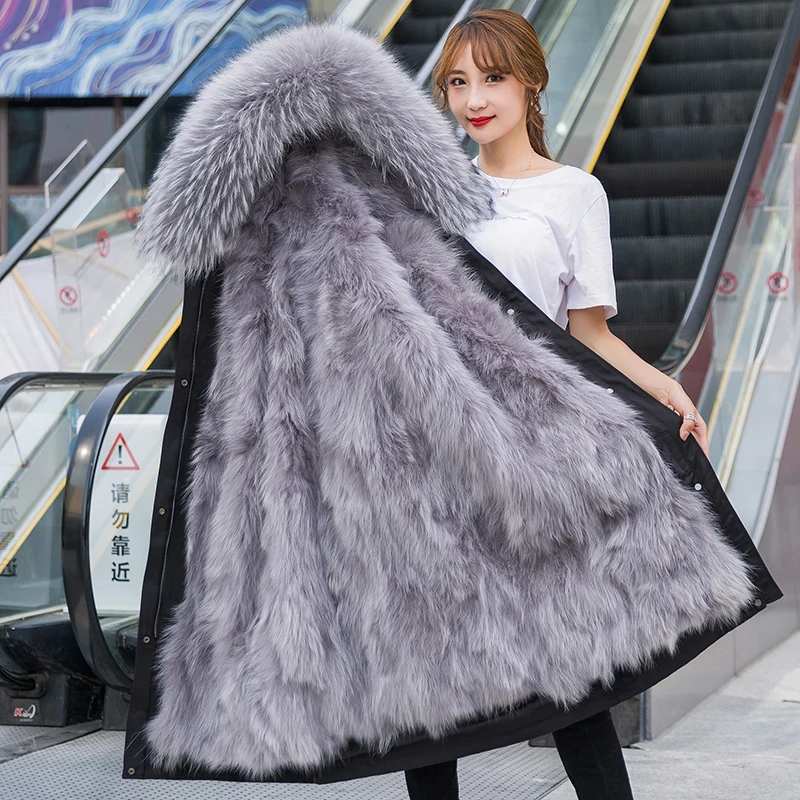 

Detachable X-long Parka Waterproof Winter Jacket Women Natural Raccoon Fur Hood Rabbit Fur Liner Real Fur Coat Streetwea