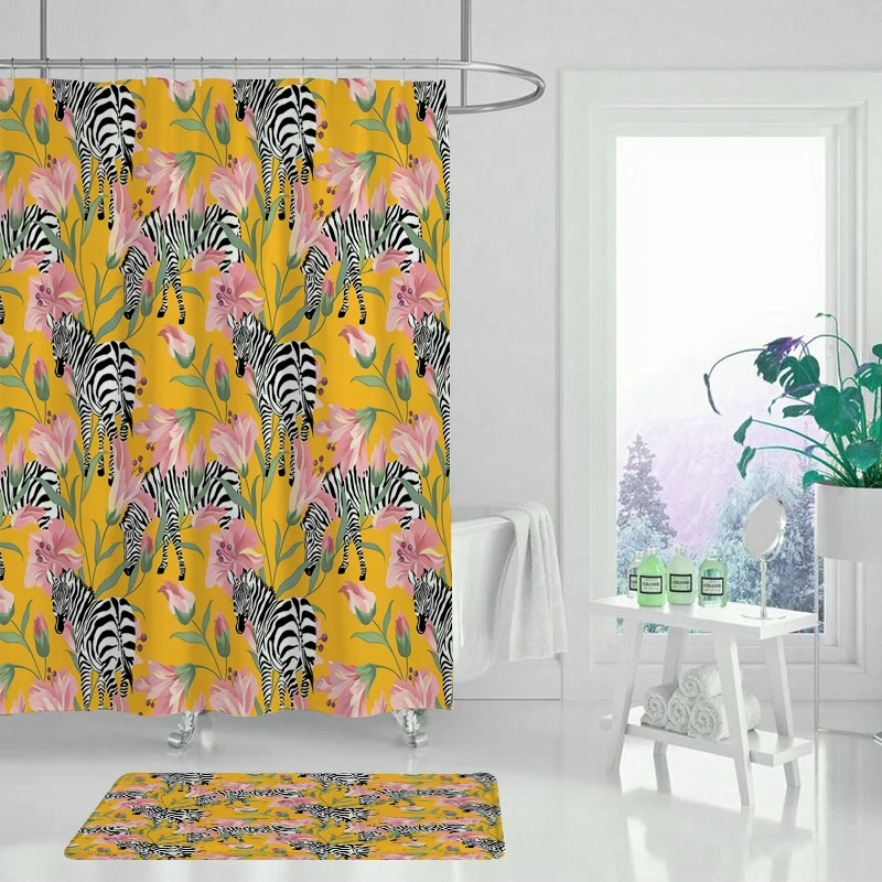 Шторы для ванной украшение комнаты желтые цветы зеленые листья летние растения