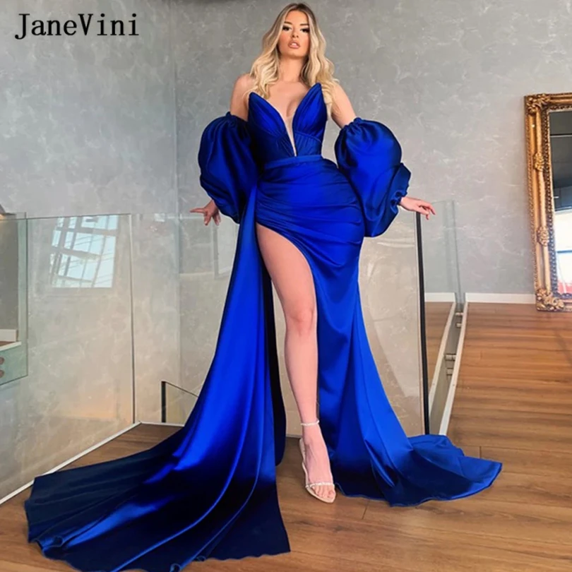 

JaneVini Royal Blue Mermaid Prom Dresses with Detachable Puff Sleeves 2022 Sexy Side Split Satin Corset Dress Robe Soiree Femme