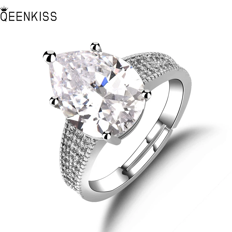 

QEENKISS RG6282 2022Fine Jewelry Wholesale Fashion Woman Girl Birthday Wedding Gift Crown AAA Zircon 18KT White Gold Open Ring