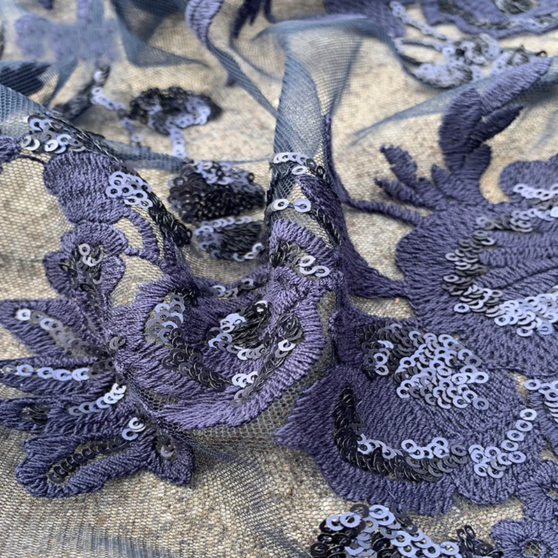 

Navy Blue Flowers Embroideried Lace Fabric Stretch Sequins Tulle Fabric For Women Dress,By The Meter