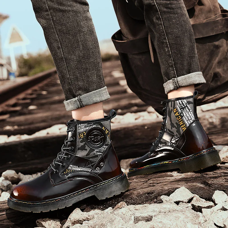 Мужские ботинки с высоким берцем коричневые ботильоны из блестящей черной кожи