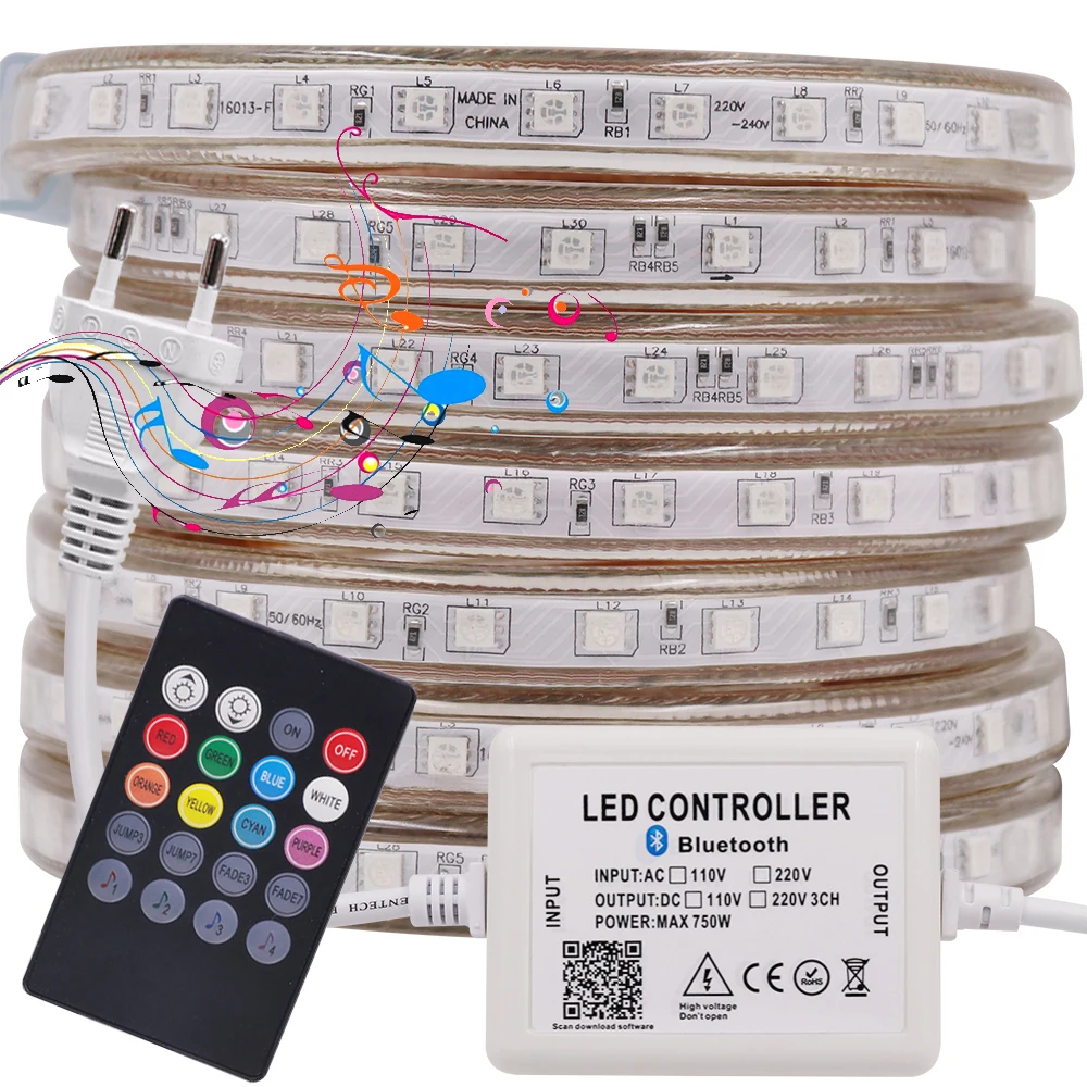 SMD 5050 60Led s/m RGB Светодиодная лента 110V 220V Водонепроницаемая гибкая светодиодная с 20