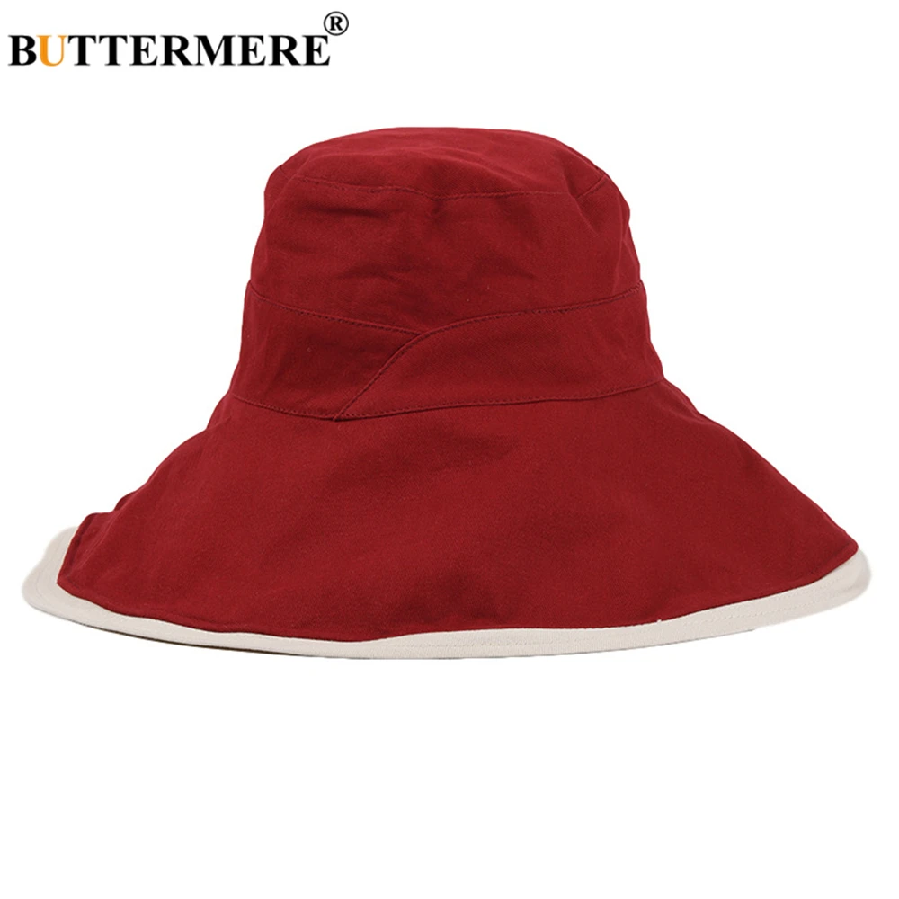 BUTTERMERE Double-sided Reversible Women Bucket Hat Cotton Black Wide Bim Sun Protection Caps for Ladies Solid Fisherman Hat