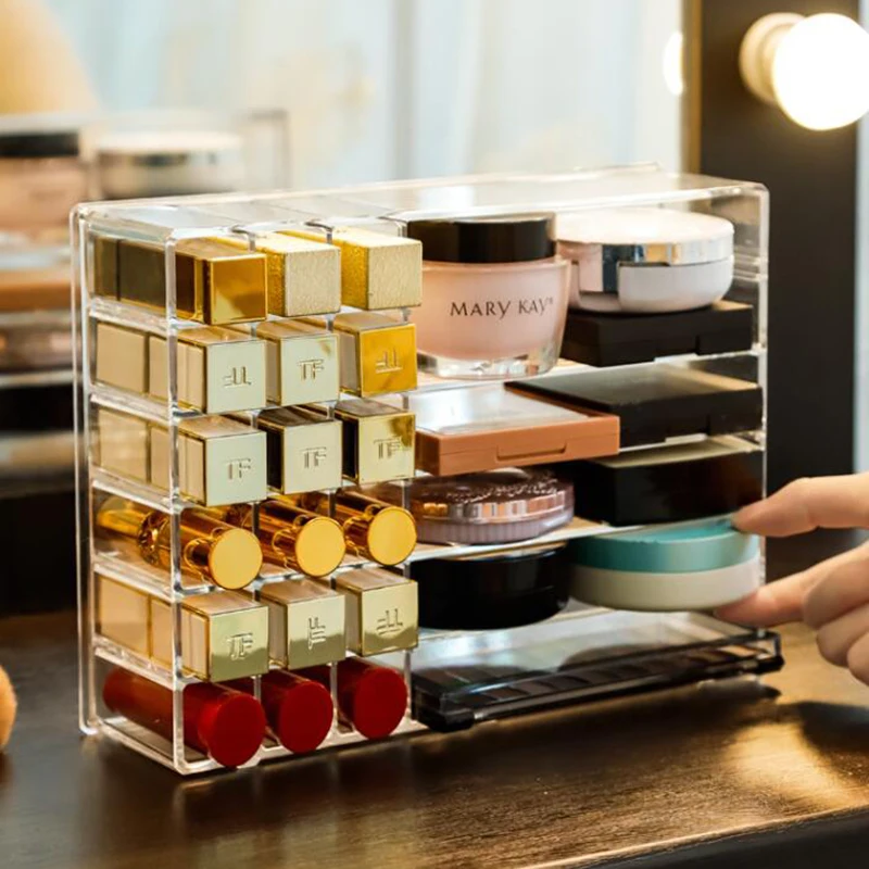 

Lipstick Storage Box Powder Makeup Organizer 24 Grid Transparent Plastic Box Bathroom Accessorie Jewelry Display Stand Removable