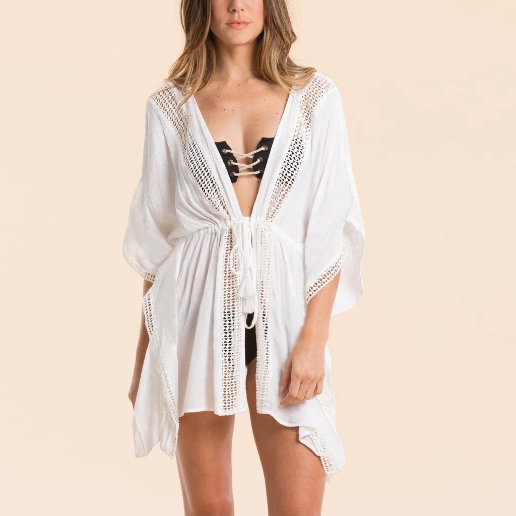 2020 вязаная крючком белая Пляжная накидка платье туника длинные Парео Бикини для