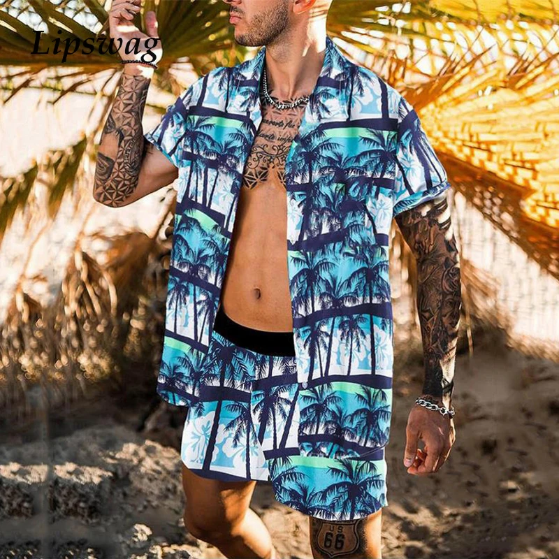 

2021 Summer Beach Fashion Leopard Print Two Piece Sets For Men Short Sleeve Shirt And Drawstring Shorts Suits Casual Male Outfit