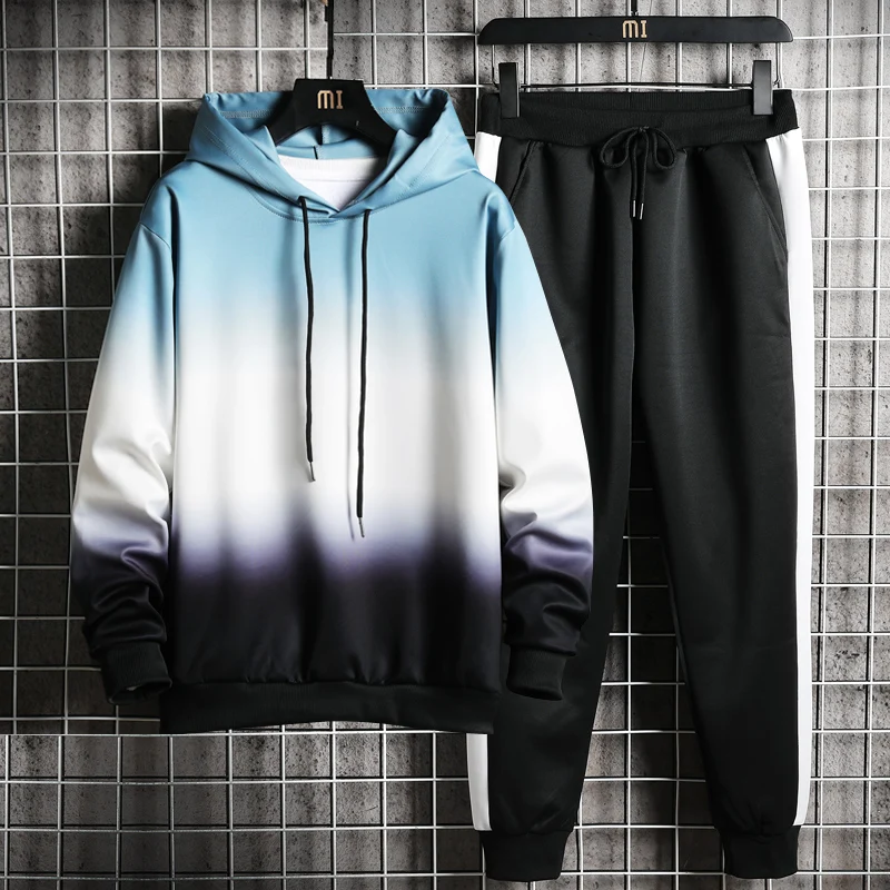 

2020 Autumn Winter Tracksuit Men Hooded Sweatshirt+Pants 2 Pieces Sets Fashion Gyms Sportswear Male Suit Gradient Hoodeis Man
