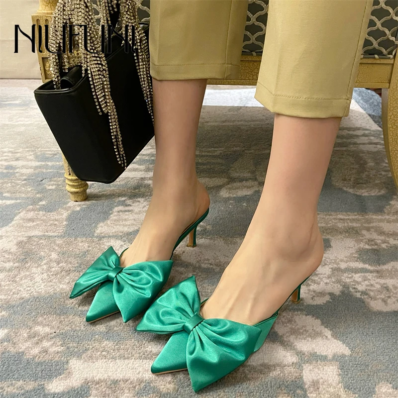 

NIUFUNI Silk Bowknot Women Slippers Mueller High Heels Slippers Sandals Flip Flops Pointed Toe Pumps Slides Party Shoes Slip On