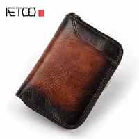 vegetable tanned leather vintage mens wallets money id credit card case small man vertical zipper coin purse card holder wallet