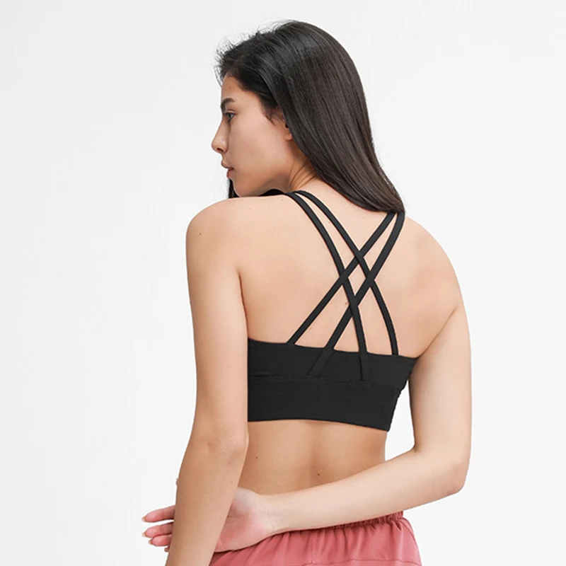 

Mesh Patchwork Sports Bra Sexy Woman Yoga Crop Tank Tops Criss Cross Medium Support Padded Push Up Bralette Workout Running