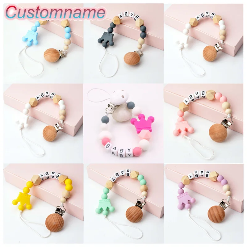 1Pcs DIY Baby Personalized Name Handmade Pacifier Wooden Clips Holder Chain Silicone Pacifier Chains Baby Teether Teething Chain