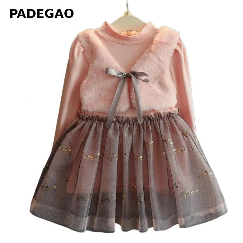 Платье для девочек Розовое меховое Сетчатое платье принцессы в стиле пэчворк