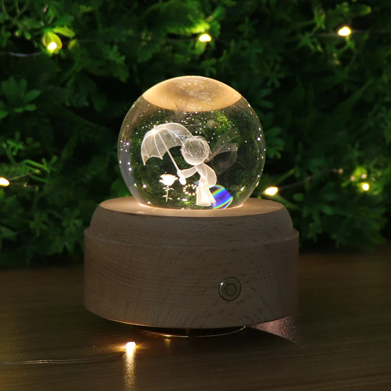 

Moon Crystal Ball Night Light Wooden Music Box Music Box Rotary Innovative Birthday Gift Touch dimming little Prince Clover