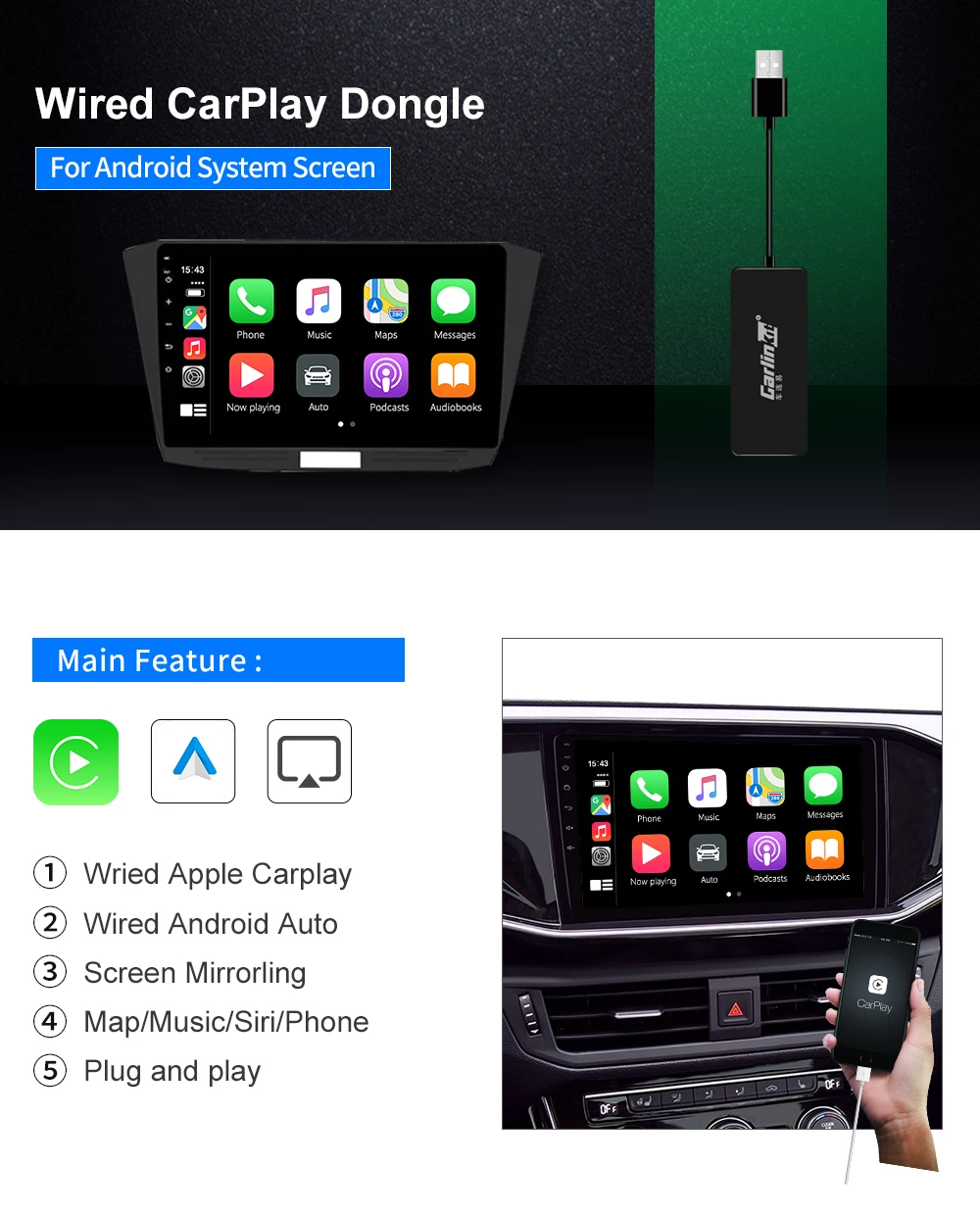

Universal Wried CarPlay Smart Link USB Dongle for Android Auto Carplay Mirrorlink iOS14 iOS13 Carplay USB Adapter