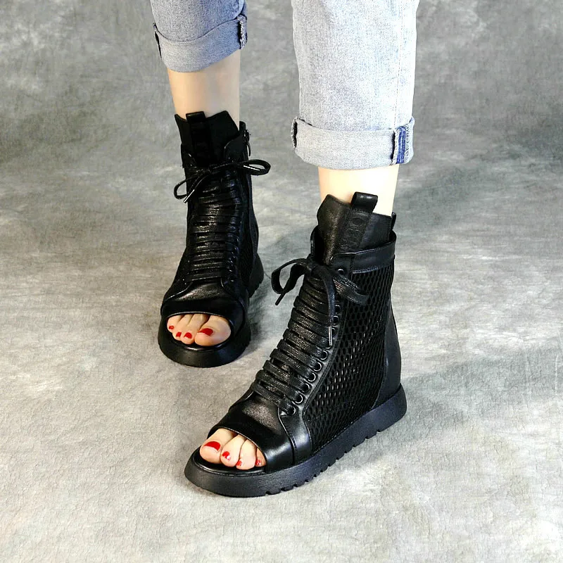 Женские кожаные сандалии с открытым носком и в сеточку Летняя обувь Красивые