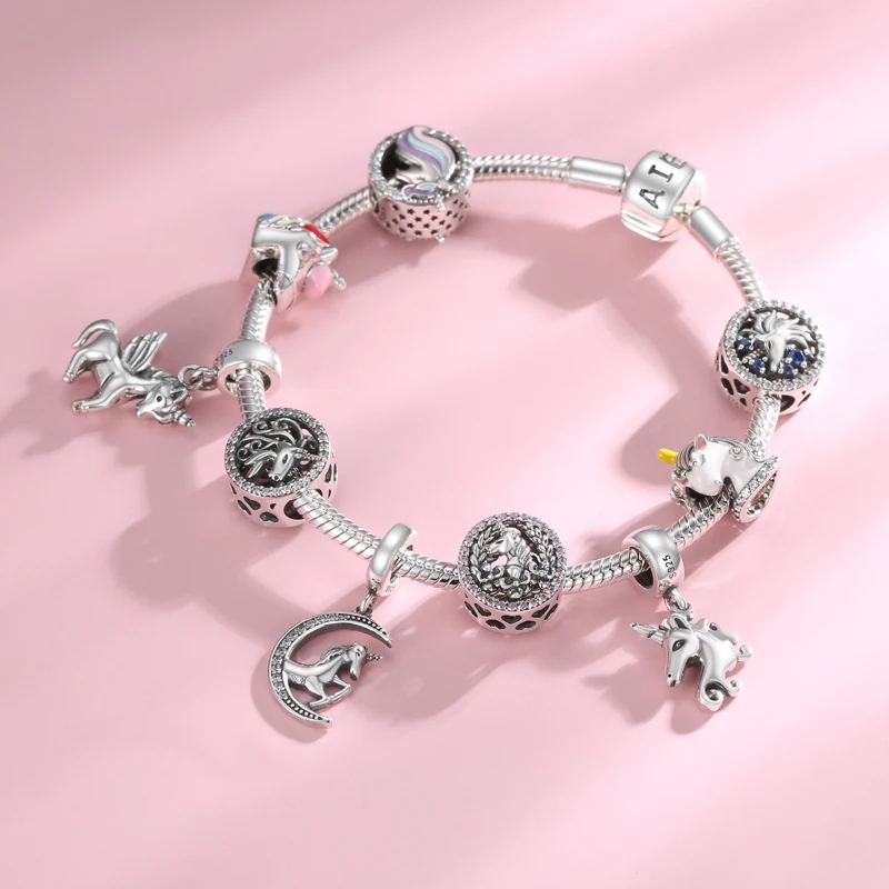 

Новый 925 пробы серебра в форме единорога Pegasus on the Moon CZ бусы украшение кулон, подходят к оригиналу Pandora, Браслеты, сделай сам, ювелирное изделие...