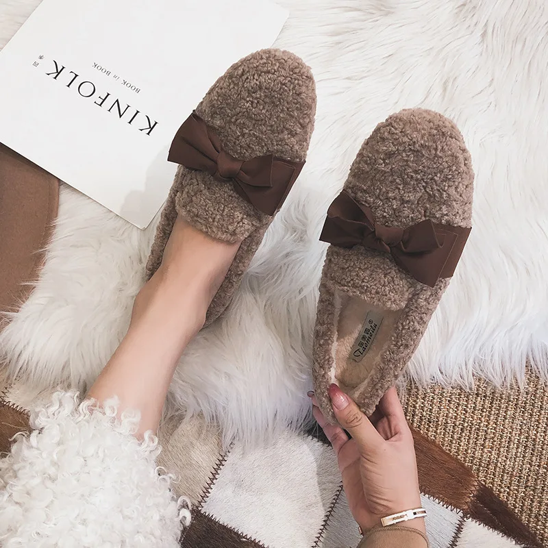 

Winter Flat Shoes Women Furry Loafers Bow-knot Round Toe Shoes Casual Slip on Wool Fur Slides Big Size Shallow Zapatos De Mujer