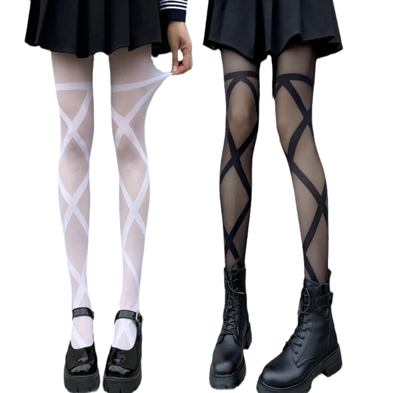 

Women Sexy Sheer Pantyhose Criss-Cross Bandage Striped Patterned Tights Stocking L5YB