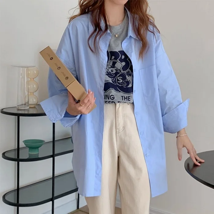 Дизайнерская синяя рубашка Длинный топ Bf Wind женская летняя Корейская Свободная с