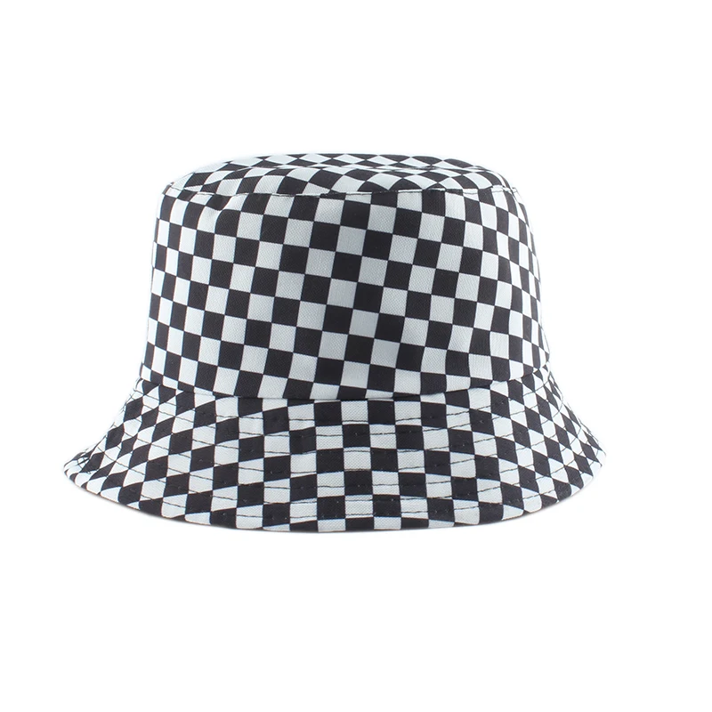 

2021 New Brand Black White Plaid Check Bucket Hats Fishing Caps Women Mens Reversible Fisherman Hat
