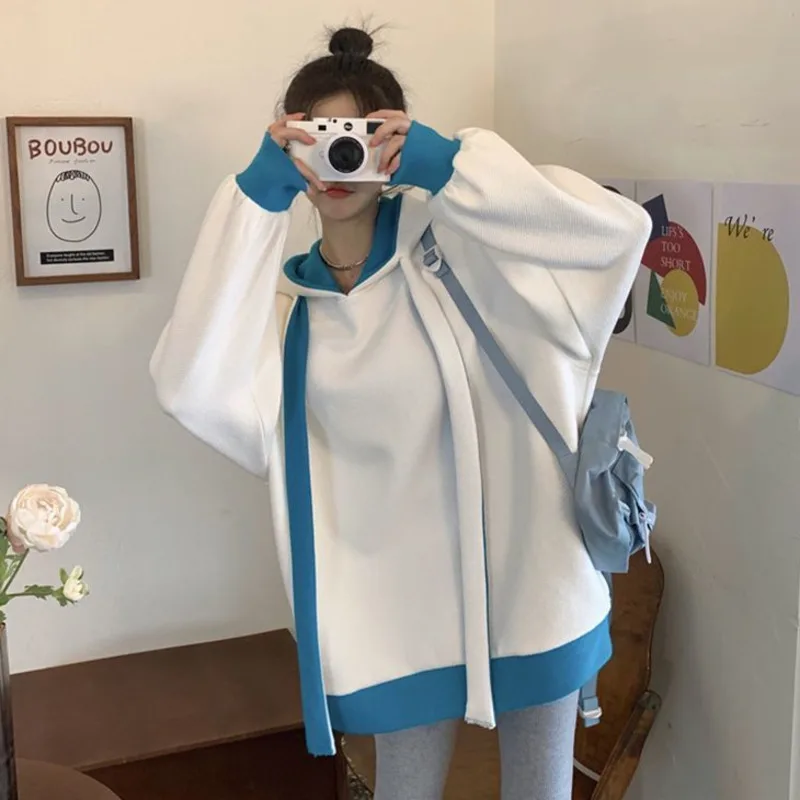 Женская осенне-зимняя Свободная рубашка контрастных цветов с капюшоном и