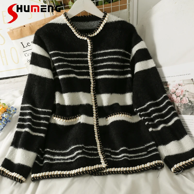 

Woman Winter Striped Sweater Clothes 2021 Autumn Kawaii Loose Long Sleeve Bright Silk Edge Mid-Length Sweaters Cardigan Female