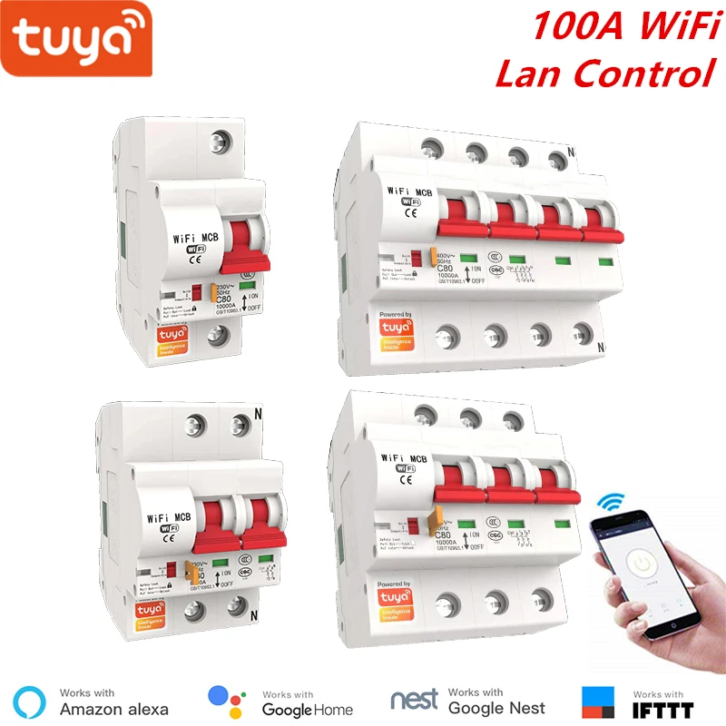 Смарт выключатель Tuya 100A 1P/2P/3P/4P смарт реле автоматический защита от перегрузки
