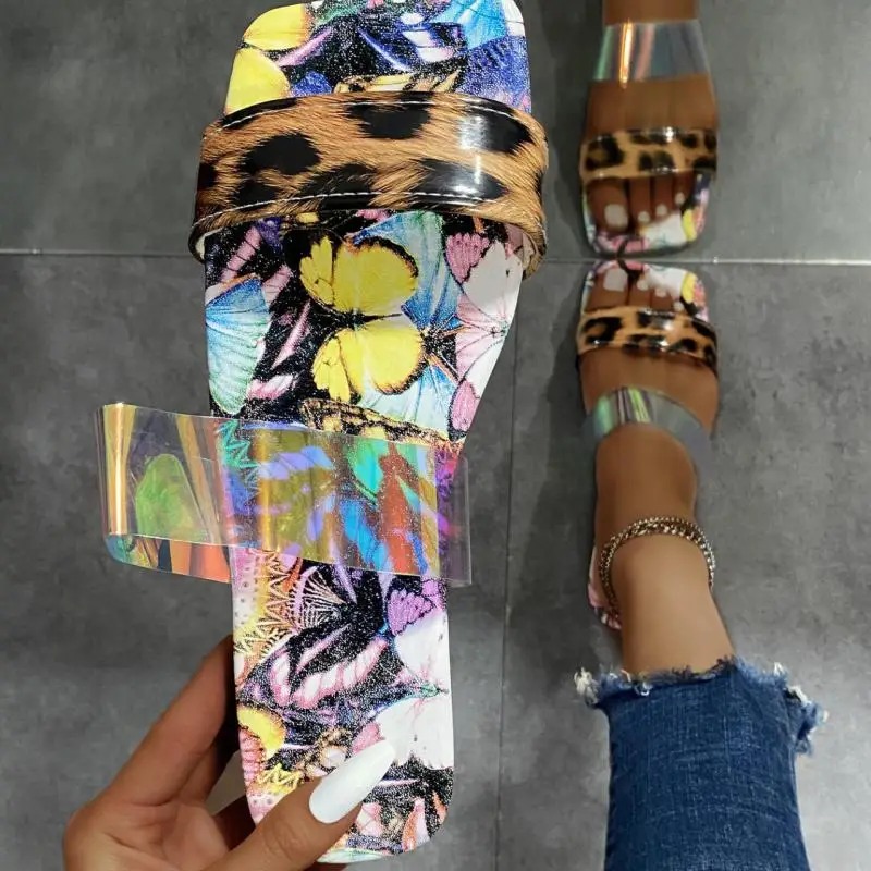 

2021 New Summer Cool And Comfortable Leopard Snake Print Flat Heel Square Toe Women's Slippers
