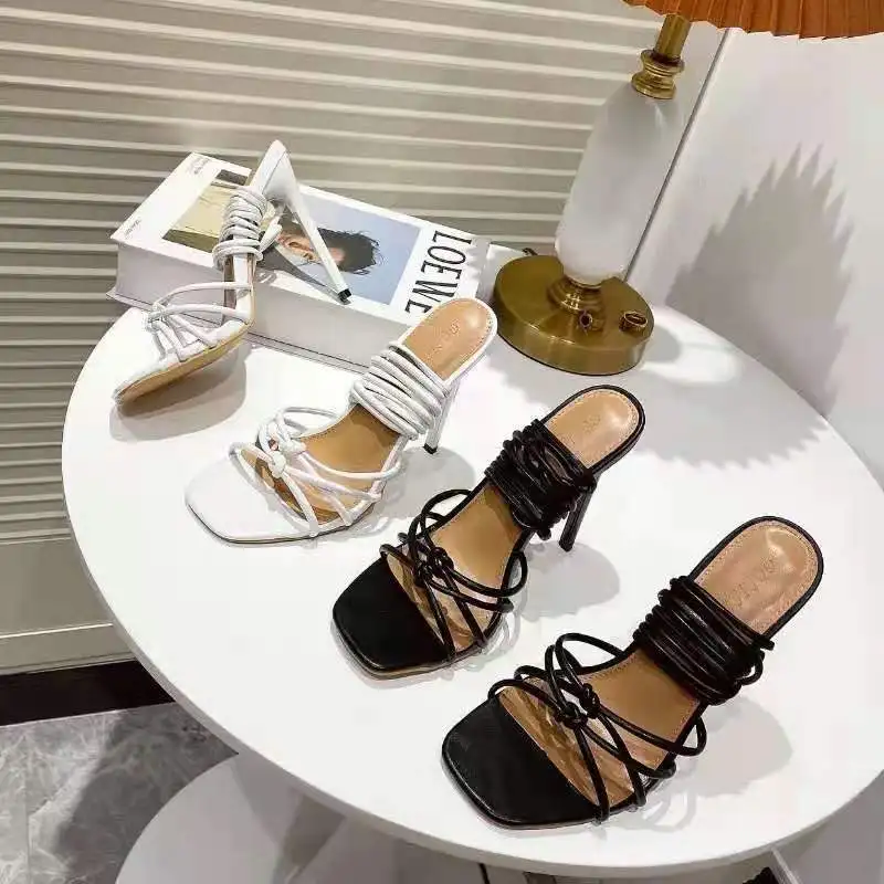 

New Fashion Lace Up Women Sandals Square Toe Thin Heel Cross Tied Party Shoes High Heel Black White Size 35-42 Gladiator Sexy