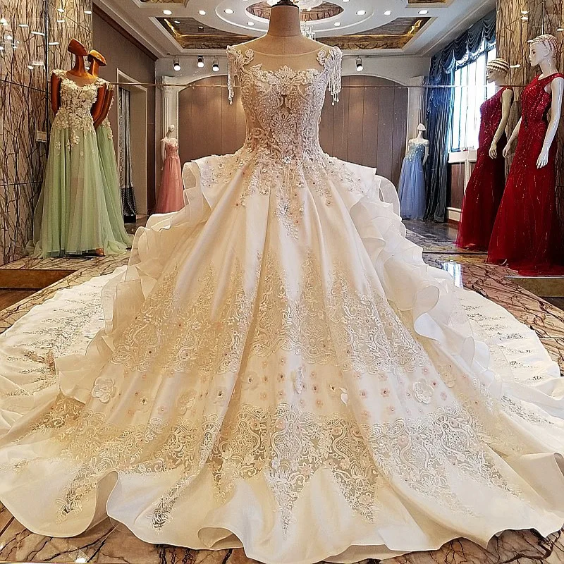 SWEMILE 100% Real Photo Luxury Royal Wedding Dress Beaded Cap Sleeve Zip Up Back Ball Gown 1M 2M Train Bride Dresses Robe